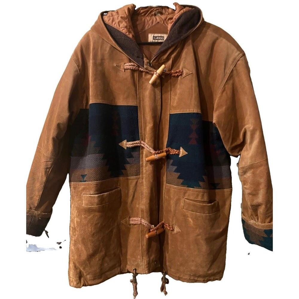 Vintage G4000 Genuine Leather Southwestern Aztec Hooded Duffle Coat Men’s